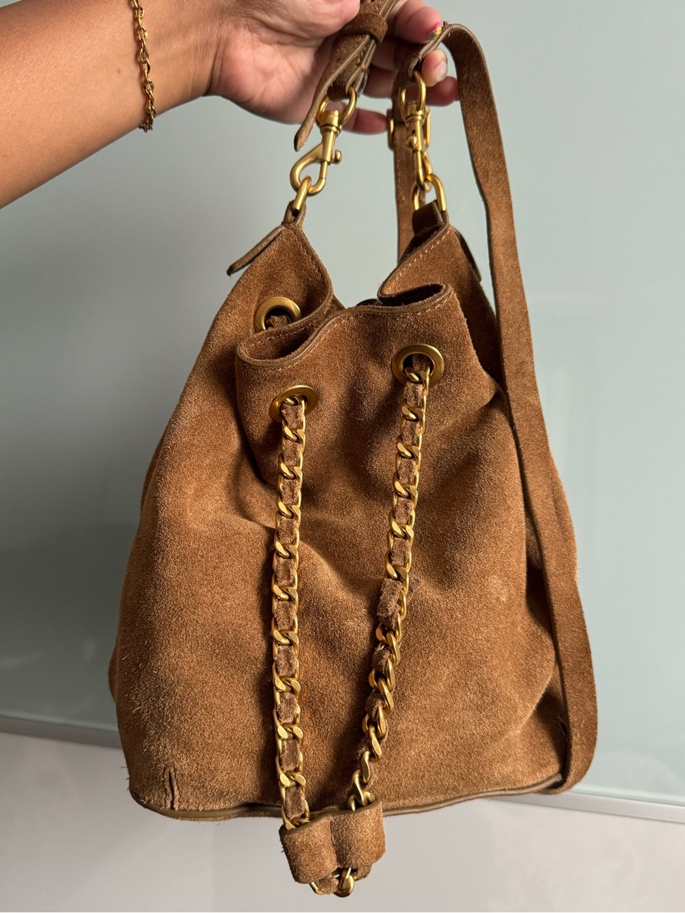 REBECCA MINKOFF Camel Suede Bucket Bag
